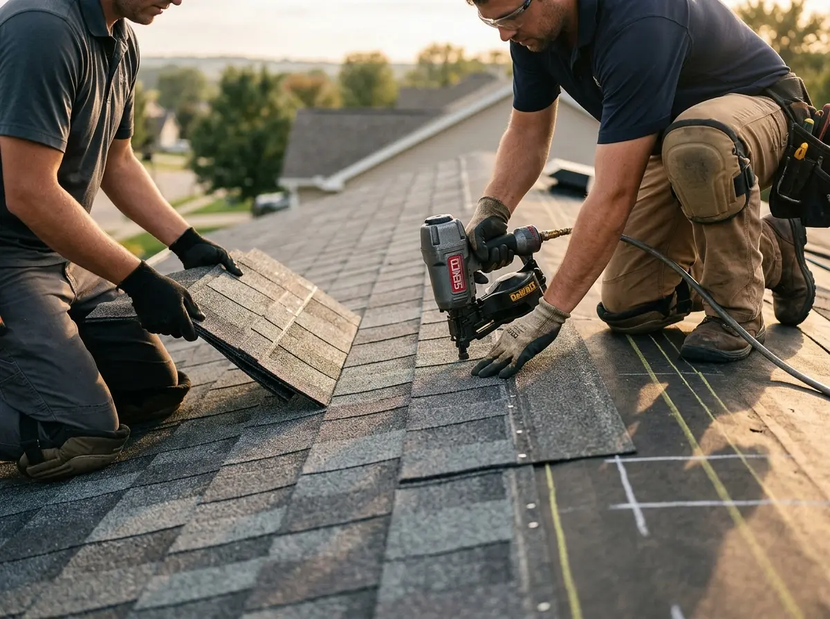 Professional roofer working on a residential roof in East Buffalo